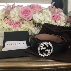 Gucci crystal-embellished GG buckle belt black